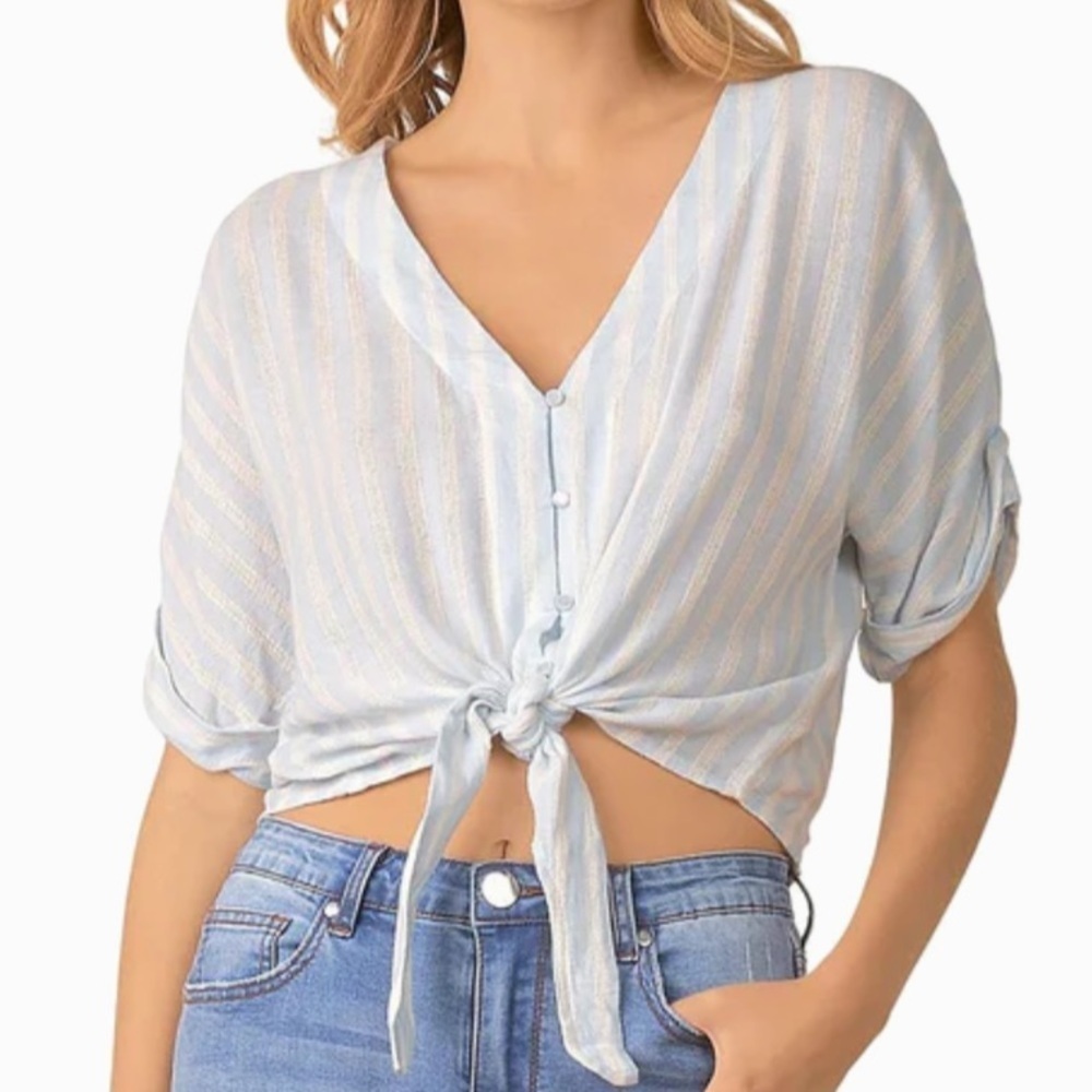 NWT ELAN Stripe V-Neck Button Up Tie Front Top Size Large